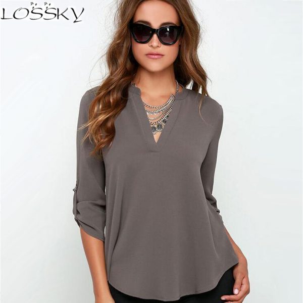 2017 Big Yard Tops Women V-neck Chiffon Blouses 3/4 Sleeve Female Shirt Fashion Large Size Plus Size Feminina Camisas  Blusas