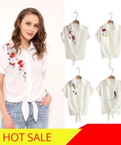 Alternative view of 2018 Top Summer Women Casual Tops Short Sleeve Embroidery White Top Blouses Shirts Sexy Kimono Loose Beach Shirt Blusas Feminina