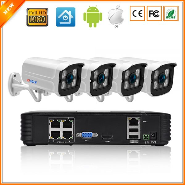 BESDER Full HD 1080P 4Channel CCTV System 4pcs 2MP Metal Outdoor IP Camera 4CH 1080P POE 15V NVR  CCTV Kit HDMI P2P Email Alarm