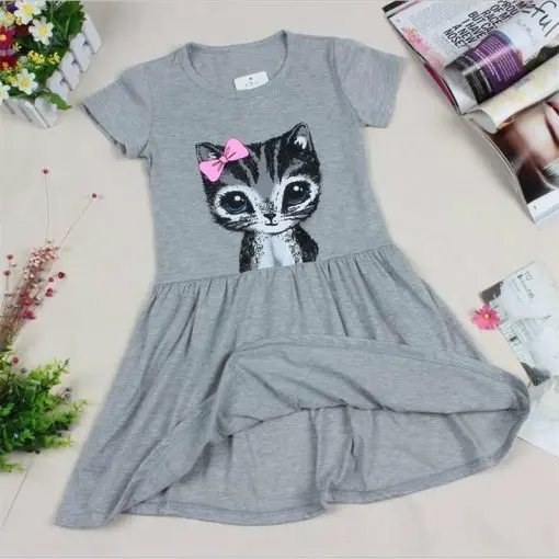 Cute Summer Cat Printed Cotton Baby Girl’s Dress