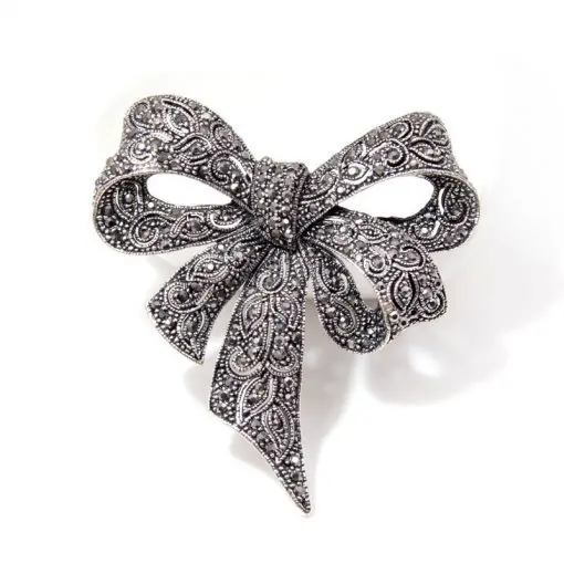 Black Bow Brooch with Rhinestones