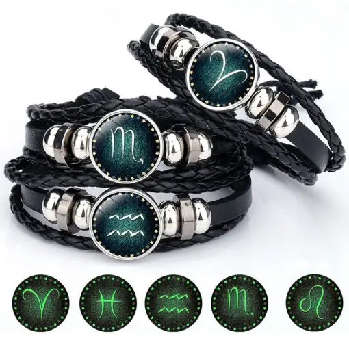 Luminous Signs of the Zodiac Decorated Leather Bracelet