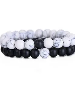Alternative view of Classic Natural Stone Yin Yang Beaded Bracelets, 2Pcs/Set