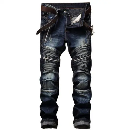 Men's Pleated Washed Biker Jeans