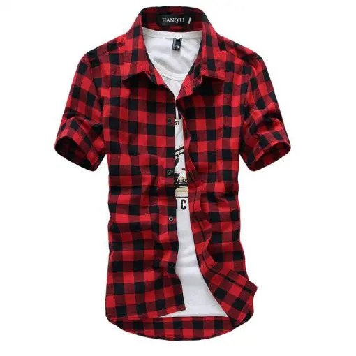 Summer Short-Sleeved Plaid Cotton Men’s Shirt