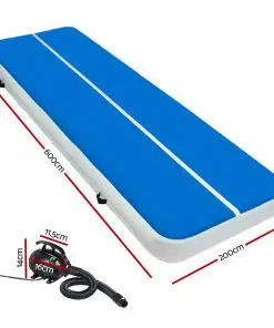 Everfit 6X2M Inflatable Air Track Mat 20CM Thick with Pump Tumbling Gymnastics Blue
