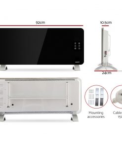 Devanti Electric Convection Glass Panel Heater Wall Mount Portable Heat WiFi Control 2000W Black