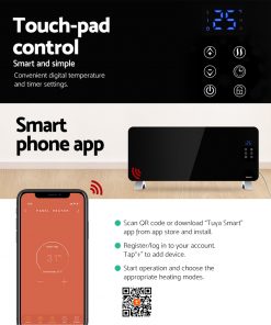 Devanti Electric Convection Glass Panel Heater Wall Mount Portable Heat WiFi Control 2000W Black