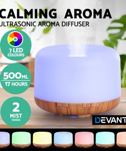 DEVANTI Aroma Diffuser Aromatherapy LED Night Light Air Humidifier Purifier Light Wood Grain 500ml