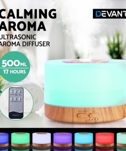 DEVANTI Aroma Diffuser Aromatherapy LED Night Light Air Humidifier Purifier Round Light Wood Grain 500ml Remote Control