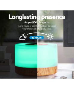 DEVANTI Aroma Diffuser Aromatherapy LED Night Light Air Humidifier Purifier Round Light Wood Grain 500ml Remote Control
