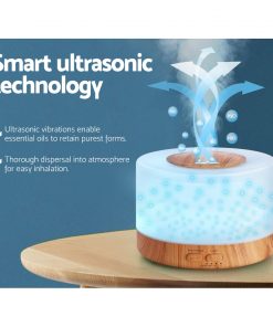 DEVANTI Aroma Diffuser Aromatherapy LED Night Light Air Humidifier Purifier Round Light Wood Grain 500ml Remote Control