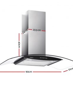 DEVANTi Rangehood 900mm Stainless Steel Curved Glass Wall Mount Range Hood