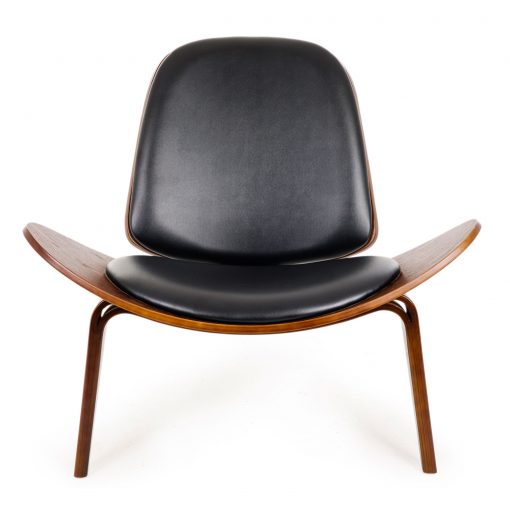 Replica Hans Wegner Shell Chair - Black Top Layer Genuine Leather / Walnut Wood