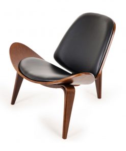 Replica Hans Wegner Shell Chair - Black Top Layer Genuine Leather / Walnut Wood