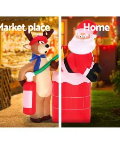Jingle Jollys 1.8M Christmas Inflatable Santa on Fire with Reindeer Xmas Decor LED