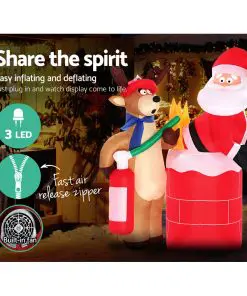 Jingle Jollys 1.8M Christmas Inflatable Santa on Fire with Reindeer Xmas Decor LED