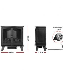Devanti Electric Fireplace Heater Portable Fire Log Wood Effect Dual Door 1800W Black