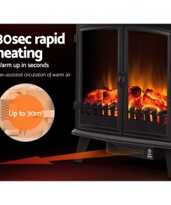 Devanti Electric Fireplace Heater Portable Fire Log Wood Effect Dual Door 1800W Black