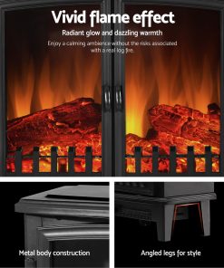Devanti Electric Fireplace Heater Portable Fire Log Wood Effect Dual Door 1800W Black