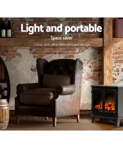 Devanti Electric Fireplace Heater Portable Fire Log Wood Effect Dual Door 1800W Black
