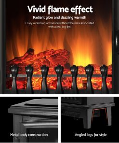 Devanti Electric Fireplace Heater Portable Fire Log Wood Effect Single Door 1800W Black