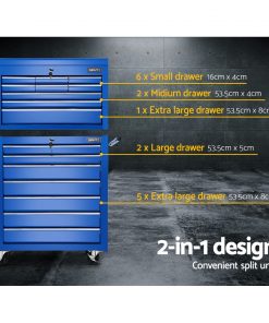Giantz Tool Chest and Trolley Box Cabinet 16 Drawers Cart Garage Storage Blue