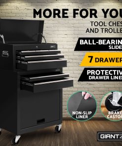 Giantz 7 Drawer Tool Box Cabinet Chest Storage Garage Toolbox Organiser Set Black