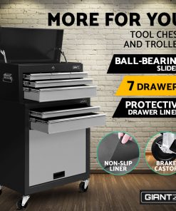 Giantz 7 Drawer Tool Box Cabinet Chest Storage Garage Toolbox Organiser Set  Black and Grey