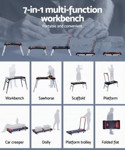 7in1 Work Bench Platform Station Workbench Hand Truck Trolley Sawhorse Creeper Black