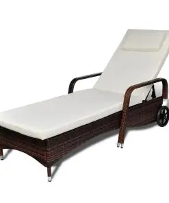 vidaXL Sun Lounger with Cushion & Wheels Poly Rattan Brown