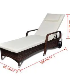 vidaXL Sun Lounger with Cushion & Wheels Poly Rattan Brown