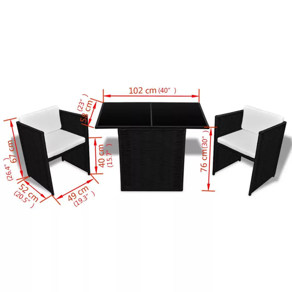 vidaXL 3 Piece Bistro Set with Cushions Poly Rattan Black