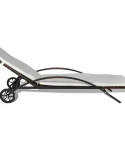 vidaXL Sun Lounger with Cushion & Wheels Poly Rattan Brown