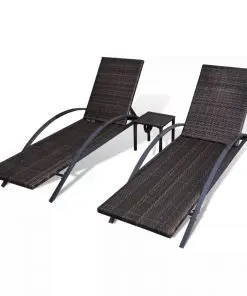 vidaXL Sun Loungers with Table Poly Rattan Brown
