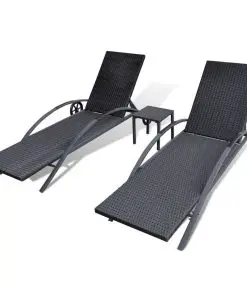 vidaXL Sun Loungers with Table Poly Rattan Black
