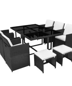vidaXL 11 Piece Outdoor Dining Set with Cushions Poly Rattan Black