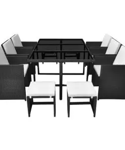 vidaXL 11 Piece Outdoor Dining Set with Cushions Poly Rattan Black