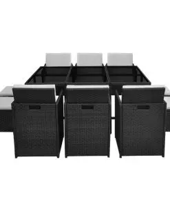 vidaXL 11 Piece Outdoor Dining Set with Cushions Poly Rattan Black