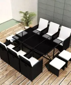 vidaXL 11 Piece Outdoor Dining Set with Cushions Poly Rattan Black