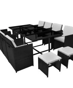 vidaXL 13 Piece Outdoor Dining Set with Cushions Poly Rattan Black