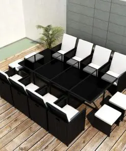 vidaXL 13 Piece Outdoor Dining Set with Cushions Poly Rattan Black