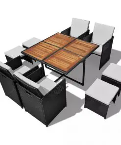 vidaXL 9 Piece Outdoor Dining Set Poly Rattan and Acacia Wood Black