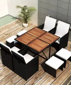 vidaXL 9 Piece Outdoor Dining Set Poly Rattan and Acacia Wood Black