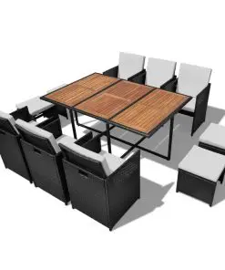 vidaXL 11 Piece Outdoor Dining Set Poly Rattan and Acacia Wood Black