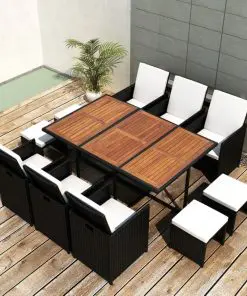 vidaXL 11 Piece Outdoor Dining Set Poly Rattan and Acacia Wood Black