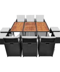 vidaXL 11 Piece Outdoor Dining Set Poly Rattan and Acacia Wood Black