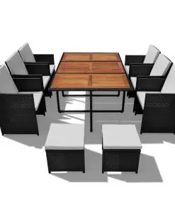 vidaXL 11 Piece Outdoor Dining Set Poly Rattan and Acacia Wood Black