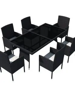vidaXL 7 Piece Outdoor Dining Set with Cushions Poly Rattan Black