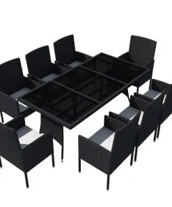 vidaXL 9 Piece Outdoor Dining Set with Cushions Poly Rattan Black